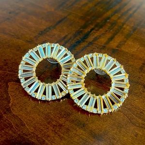 J Crew round circle crystal gold baguette statement earrings wedding holiday NYE